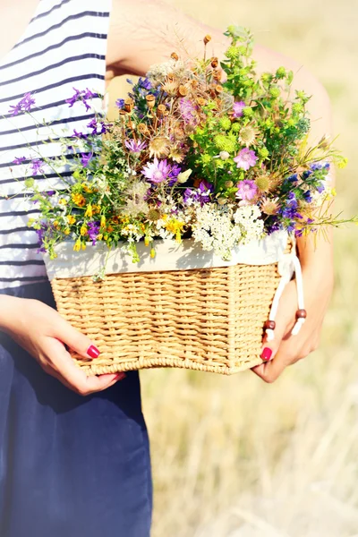 Mains féminines avec bouquet de fleurs sauvages — Photo