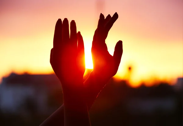 Weibliche Hände auf dem Hintergrund des Sonnenuntergangs — Stockfoto