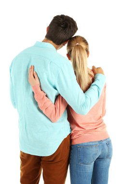 Genç çiftin üzerinde beyaz izole arkadan görünüm