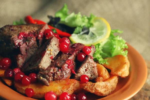 Carne assada saborosa com molho de cranberry, salada e legumes assados no prato, no fundo de saco — Fotografia de Stock
