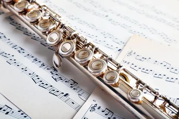 Flauta nas notas musicais — Fotografia de Stock