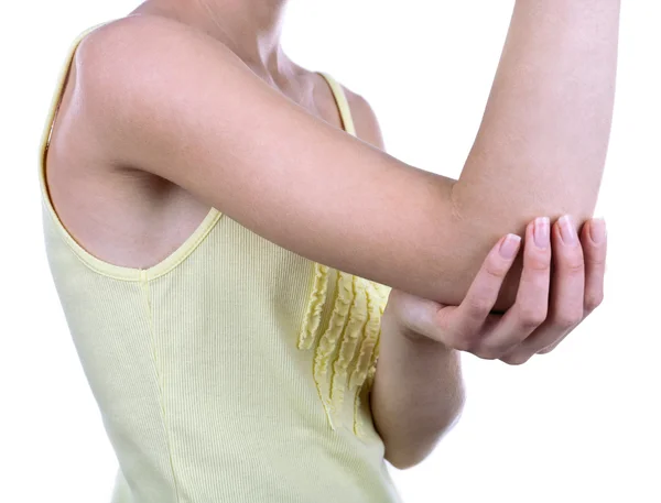 白で隔離肘の痛みを持つ若い女性 — ストック写真