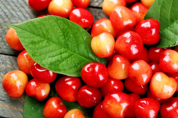 Sweet cherries with green leaves — Stock Photo, Image