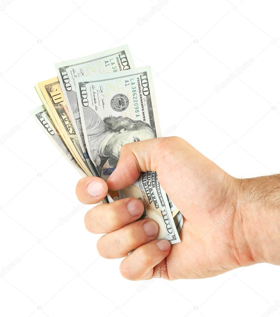 Male hand holding money isolated on white