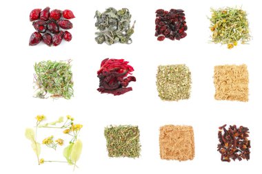 Bitkisel çay ve otlar üzerinde beyaz izole çeşitli