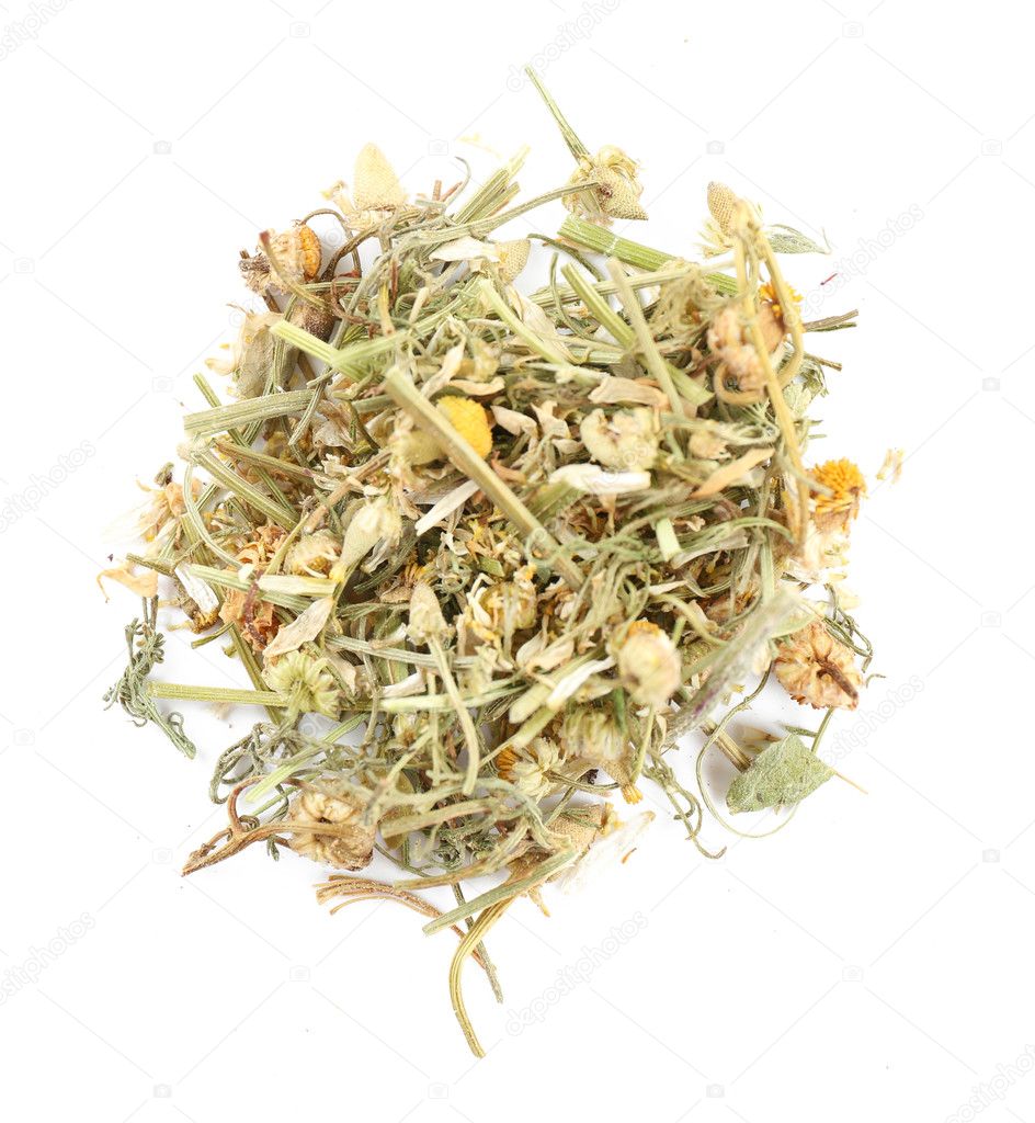 Pile of chamomile tea isolated on white