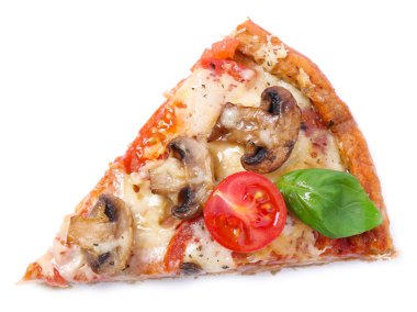 Lezzetli pizza, sebze ve fesleğen, beyaz üzerine izole edilmiş.