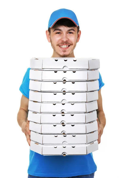 Хлопчик-доставка з картонною піцою — стокове фото
