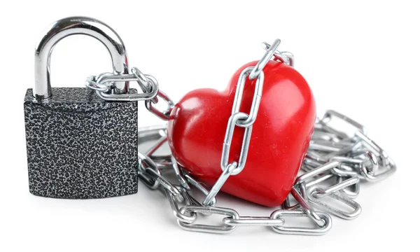 Red heart with metal chain — Stock Photo, Image