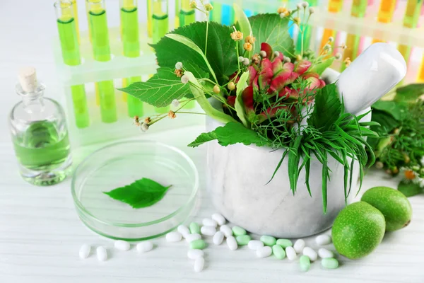 Herbs in mortar, test tubes — Stock Photo, Image