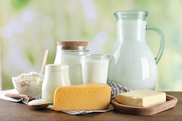 Dairy products on wooden table