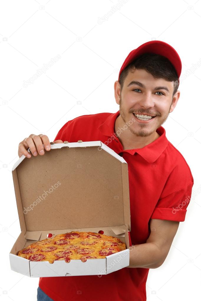 Delivery boy with cardboard pizza