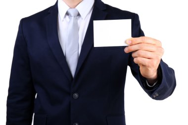 İş kartı ile takım elbiseli şık adam