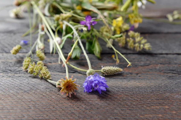 Flores silvestres sobre mesa de madera, primer plano —  Fotos de Stock