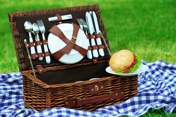 Cesta de picnic de mimbre, sabrosos sándwiches — Foto de Stock