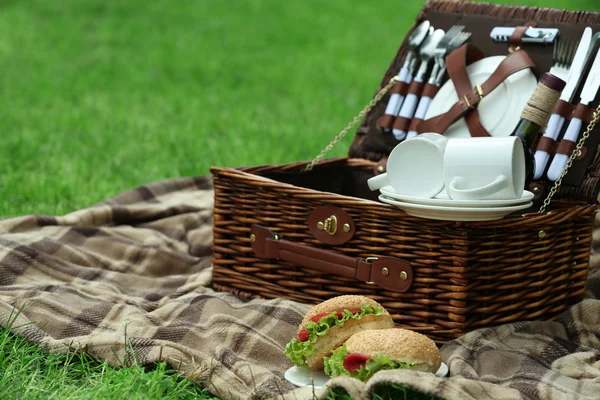 Rieten picknickmand, smakelijke sandwiches — Stockfoto