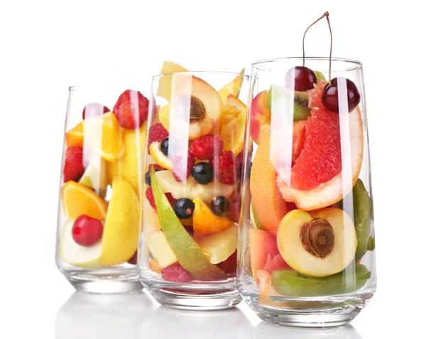 Fresh fruits salad in glasses isolated on white — Stock Photo, Image