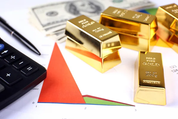 Gold bullion with money on table — Stock Photo, Image