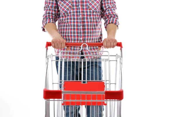 Homem com carrinho de compras vazio — Fotografia de Stock