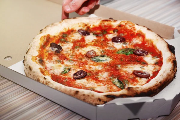 Delicious pizza in box, closeup — Stock Photo, Image