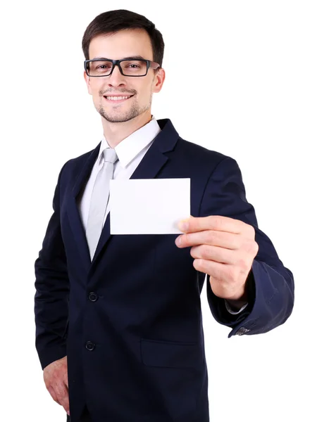 Homem elegante em terno com cartão de visita — Fotografia de Stock