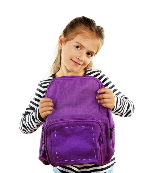 Beautiful little girl holding backpack — Stock Photo, Image