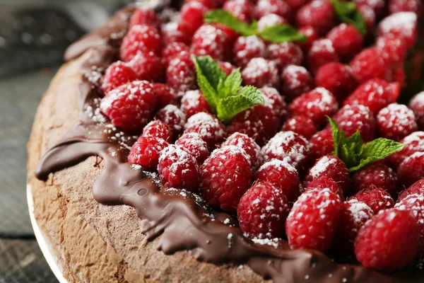 Gâteau avec glaçage au chocolat et framboises sur plateau sur fond sombre — Photo