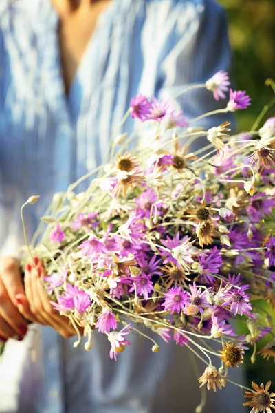 Mãos femininas com buquê de flores silvestres — Fotografia de Stock