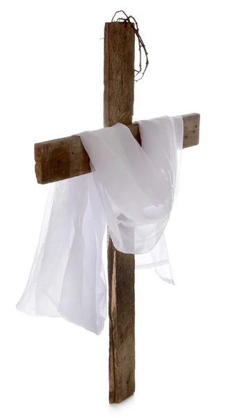Cross with crown of thorns and cloth — Stock Photo, Image