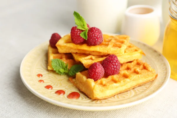 Waffles caseiros doces com framboesas frescas — Fotografia de Stock
