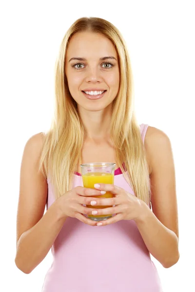 Όμορφη κοπέλα με ποτήρι φρέσκο χυμό πορτοκαλιού, απομονωμένα σε λευκό — Φωτογραφία Αρχείου
