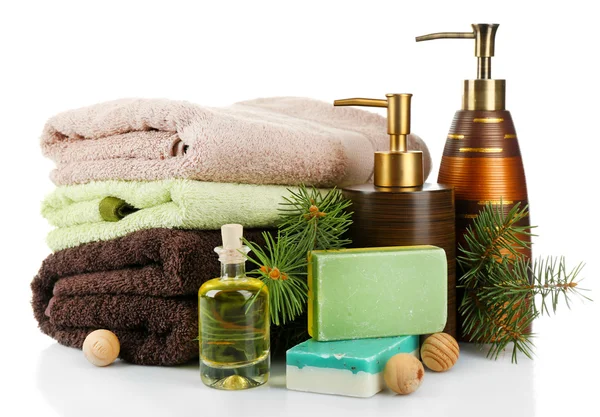 Etherische olie van pine, handgemaakte zeep en room — Stockfoto