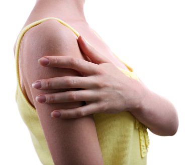 Beyaz izole omuz ağrısı olan kadın