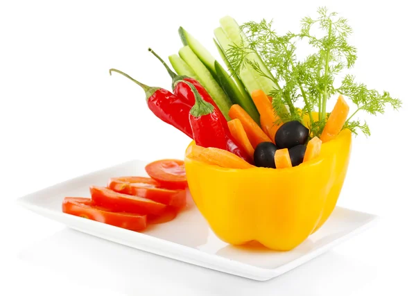 Assorted raw vegetables sticks in pepper bowl isolated on white — Stock Photo, Image