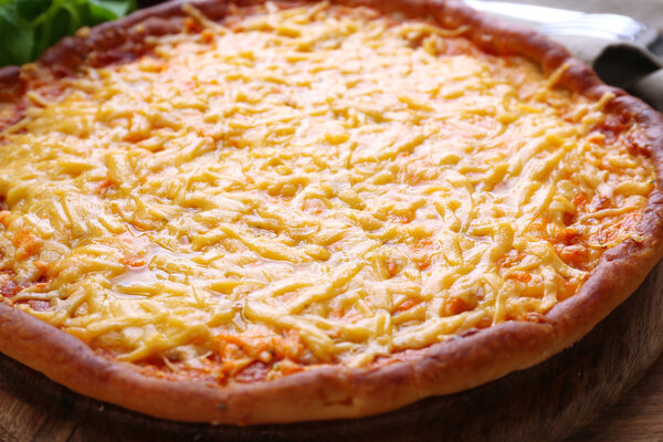 Tasty cheese pizza on table close up