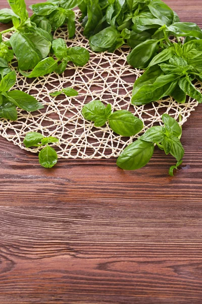 Green fresh basil with wicker stand on table close up — Stock Photo, Image