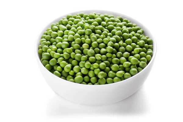 Fresh green peas in bowl isolated on white — Stock Photo, Image