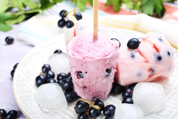 Sweet ice cream with black currants in white plate, closeup — Stock Photo, Image