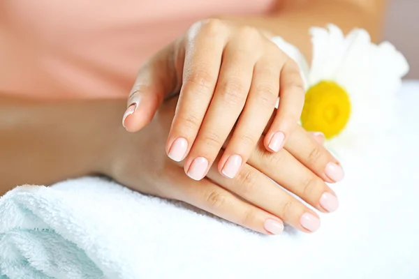 Las manos de mujer con manicura francesa — Foto de Stock