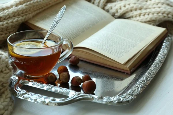 Cup of tea with book on metal tray, closeup — Stock Photo, Image