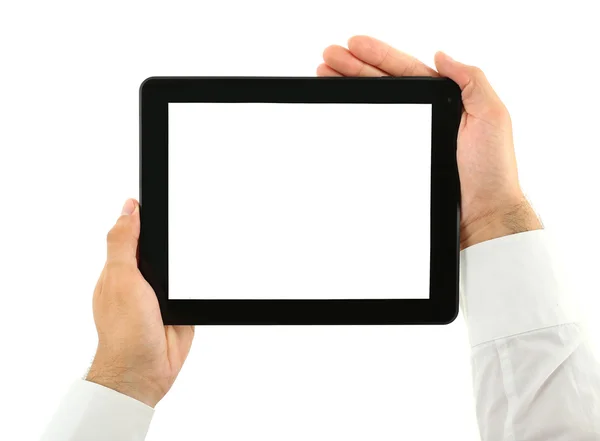 Male hands holding tablet isolated on white Stock Picture