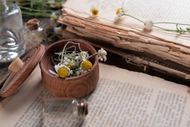 Harç kuru çiçeklerle eski kitap