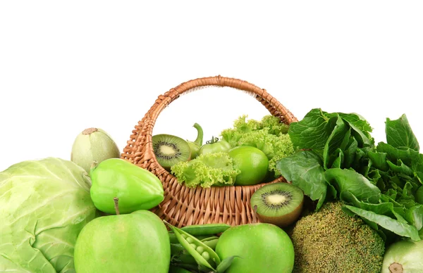 Fresh green food in wicker basket isolated on white — Stock Photo, Image