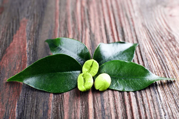 Chicchi di caffè verde con foglie — Foto Stock