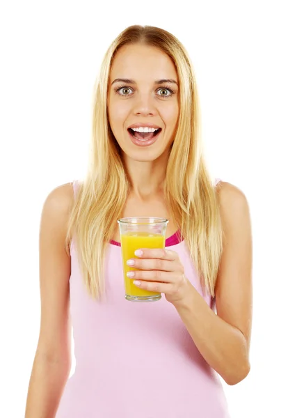 Young beautiful woman with glass of fresh orange juice, isolated on white — Stock Photo, Image