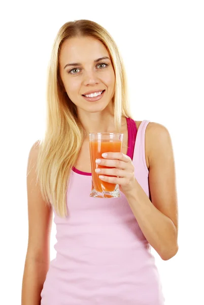 Young beautiful woman with glass of fresh grapefruit juice, isolated on white — Stock Photo, Image