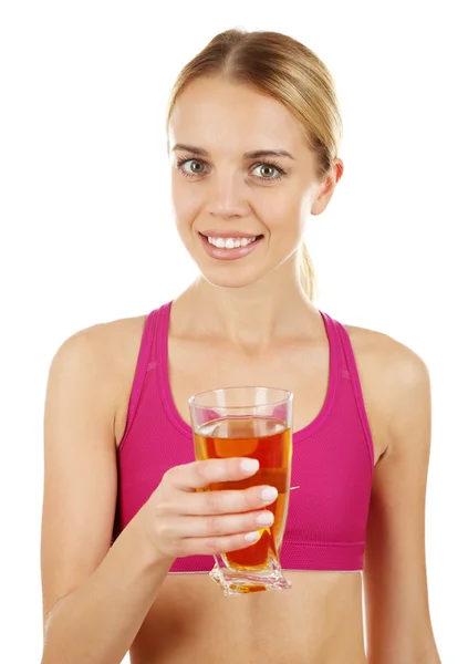 白で隔離、新鮮なオレンジ ジュースのガラスを持つ若い美しい女性 — ストック写真