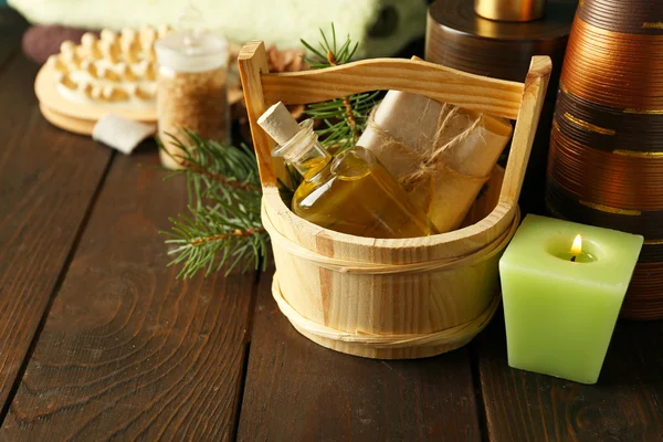 Essential oil of pine, soap in bucket — Stock Photo, Image