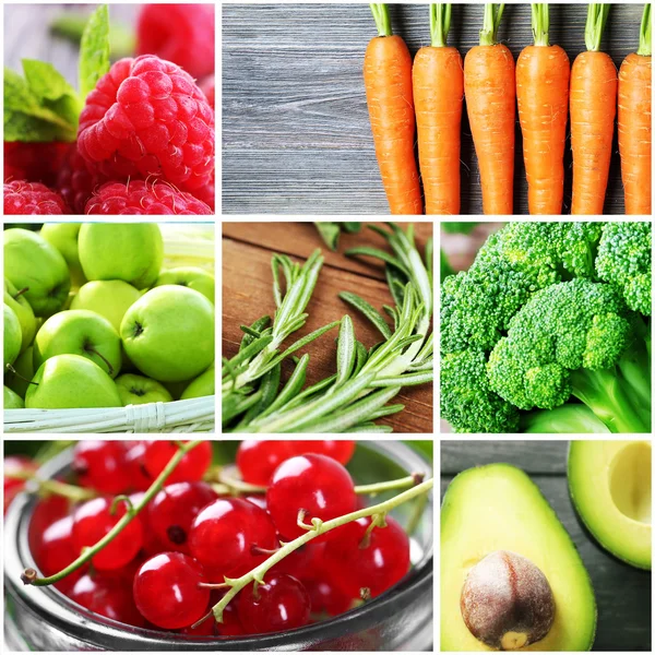 Kollázs, friss gyümölcsök, zöldségek és bogyók — Stock Fotó