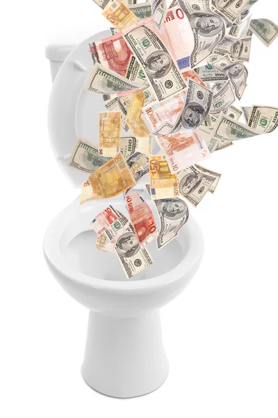 A lot of money is flushed down the toilet, isolated on white — Stock Photo, Image
